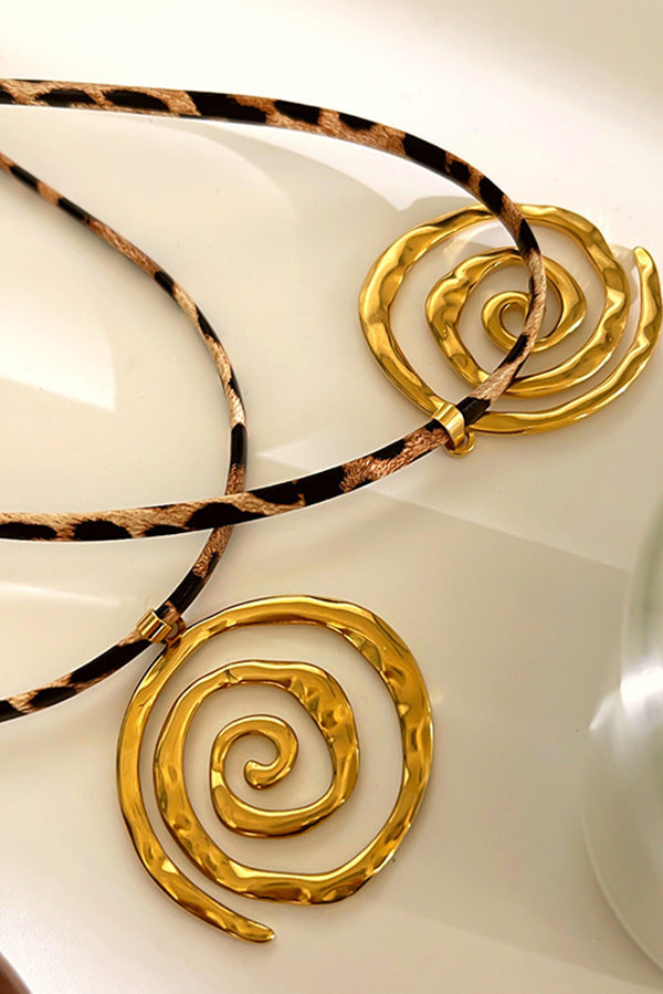 Stylish Leopard Print Leather Cord Spiral Stainless Steel Necklace