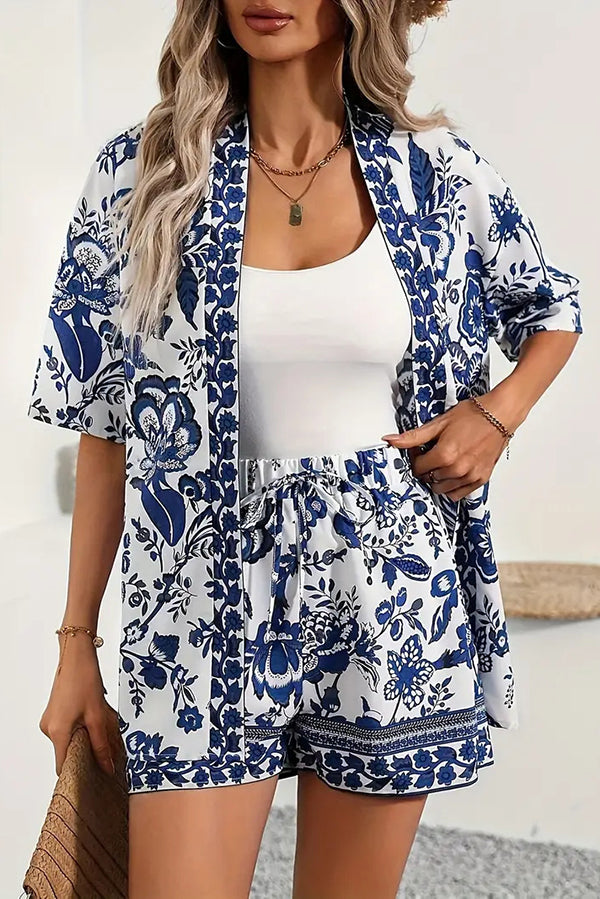 Unique Print Vacation Short-sleeved Cardigan Top and Elastic Waist Pocket Shorts Set