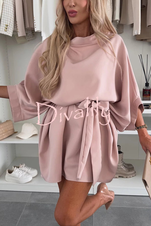 Solid Color Loose Round Neck Belted Mini Dress