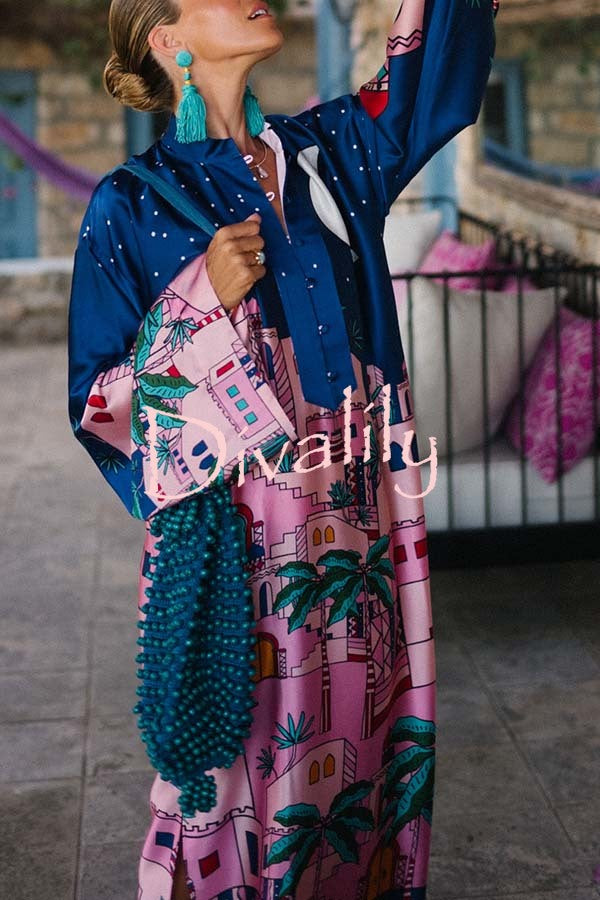 Seaside Stroll Satin Unique Print Button Up Long Sleeve Slit Kaftan Midi Dress