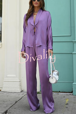 Beyond Time Satin Lapel Lace-up Blouse and Back Elastic Pocketed Loose Pants Set