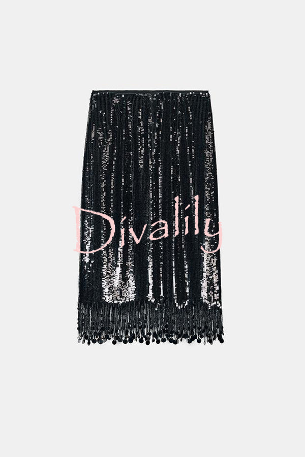 City Queen Sequin Tassel Round Pieces High Rise Back Zipper Midi Skirt