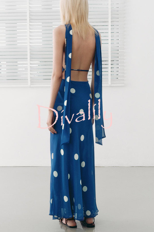 Fashion Polka Dot Print Sexy Halter Neck Backless Maxi Dress