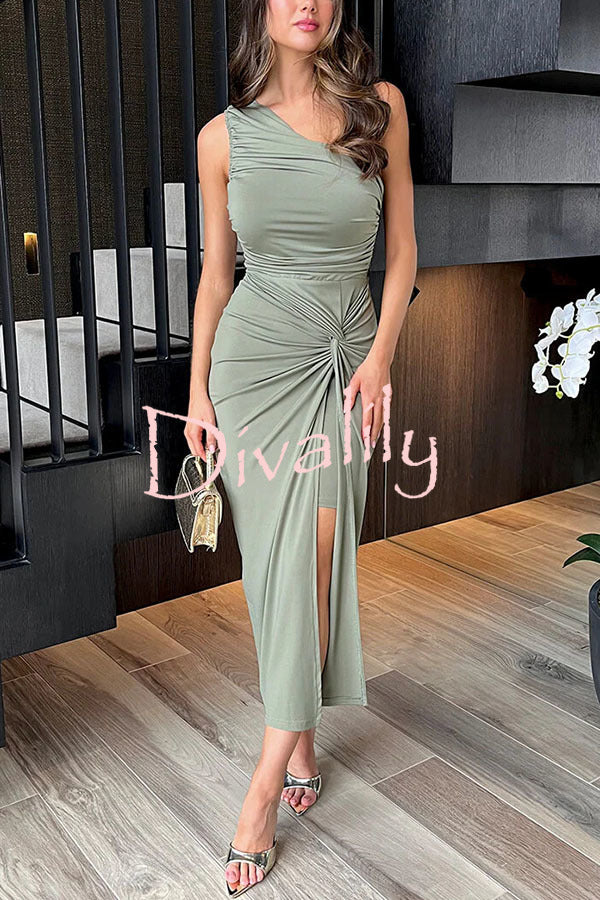 Special Attendance One Shoulder Ruched Twist Knot Slit Stretch Midi Dress