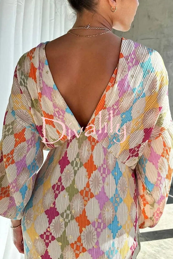 Gorgeous Sunshine Colorful Unique Print Kimono Puff Sleeve Midi Dress