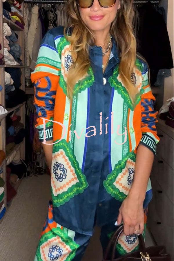 Vacation Times Satin Unique Print Button Down Oversized Blouse