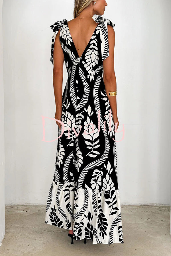 Unique Printed V-neck Sleeveless Lace-up Waist Maxi Dress