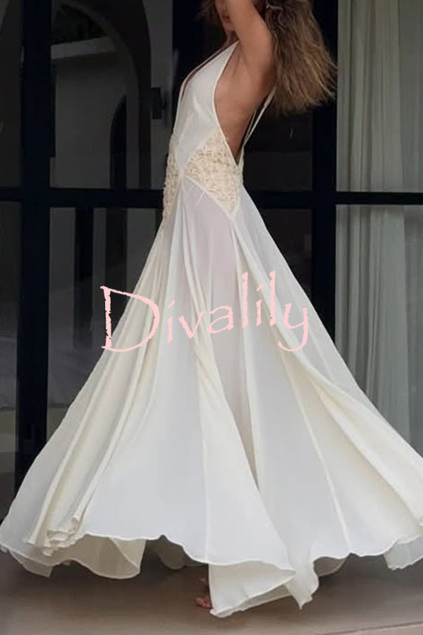 Venus By The Sea Tulle Lace Patchwork Backless Flowy Maxi Dress