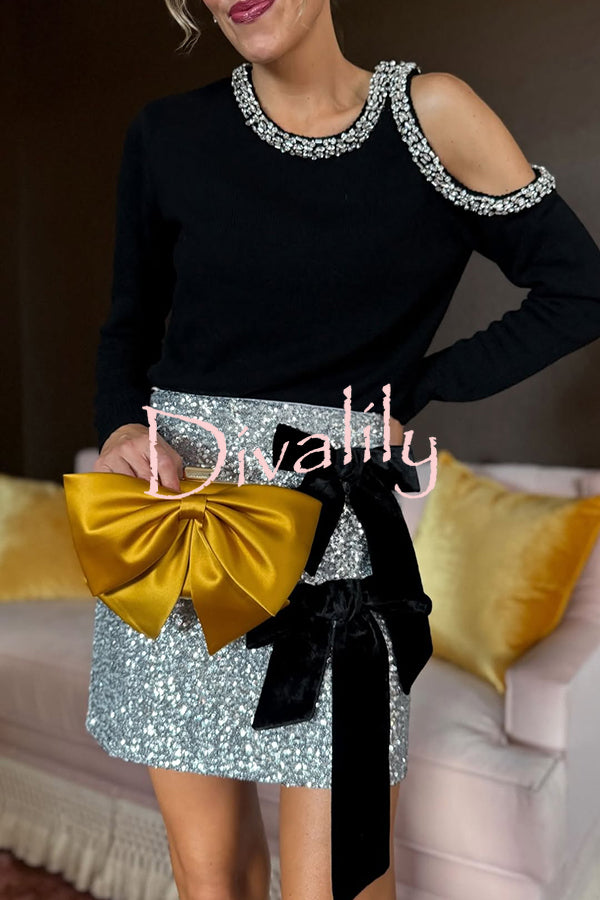 Holiday Party Knit Crystal-Embellished Cut-out Shoulder Long Sleeve Top