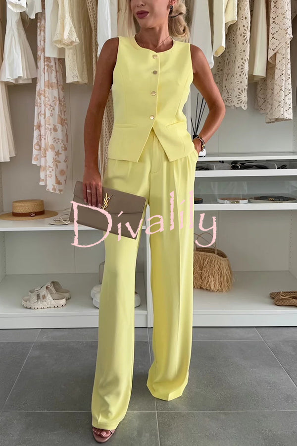 Workplace Chic Sleeveless Button Vest and Relaxed Pocket Wide Leg Pants Set
