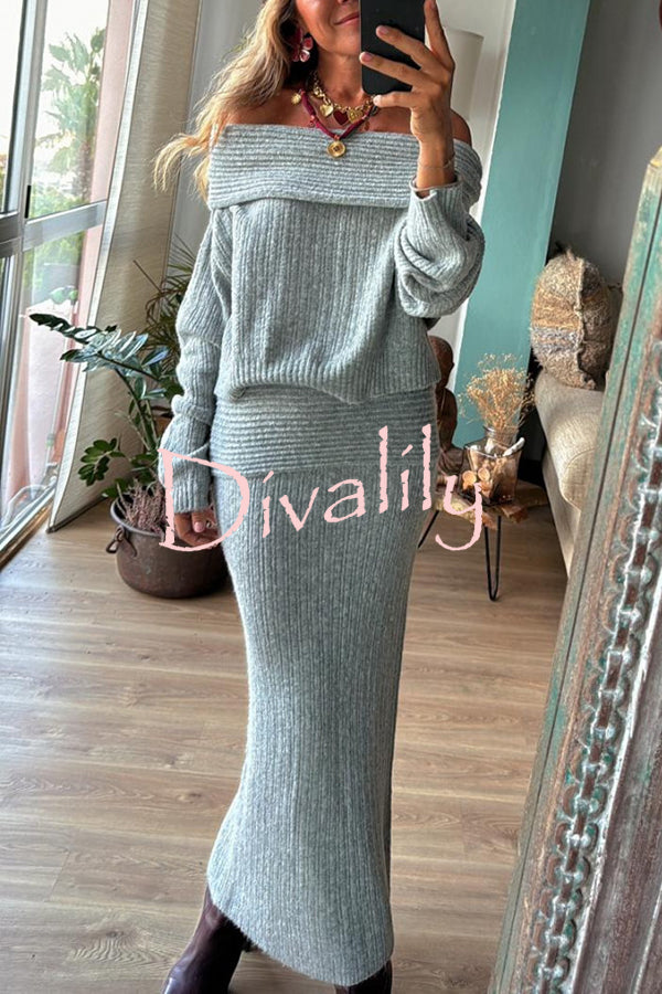 Luka Ribbed Knit Off Shoulder Long Sleeve Sweater and Stretch Maxi Skirt Set