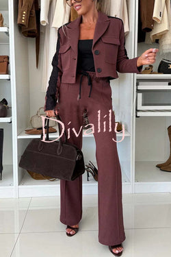 Fashion Lace Panel Long-sleeved Crop Top and Elastic Waist Tie Pocket Casual Pants Set