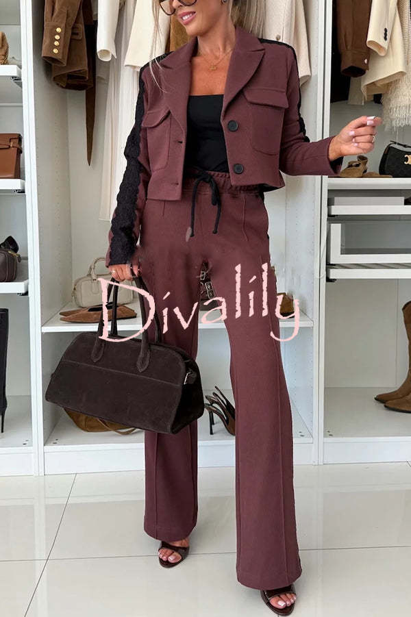 Fashion Lace Panel Long-sleeved Crop Top and Elastic Waist Tie Pocket Casual Pants Set