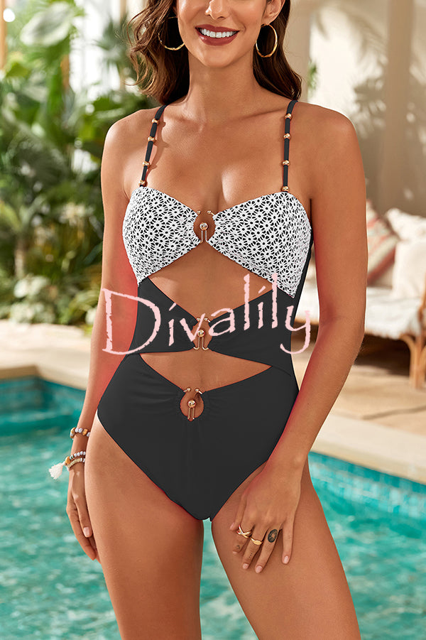 Fashionable Splicing Spaghetti Strap Metal Buckle One-piece Bikini Swimsuit