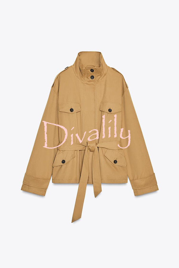 Chic Comfort Epaulettes Contrast Buttons Pocket Belt Cropped Trench Coat