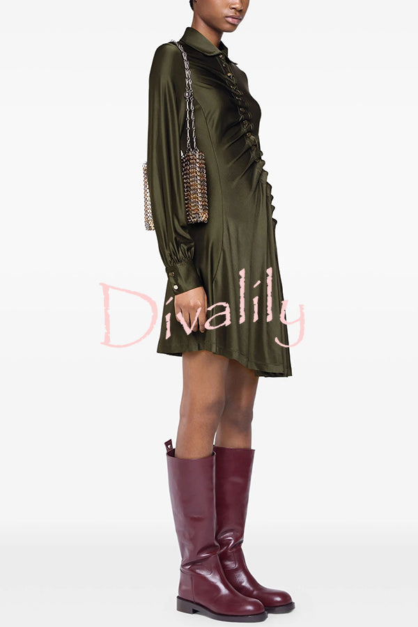 Marvis Button-embellished Long Sleeve Asymmetrical Drape Shirt Midi Dress