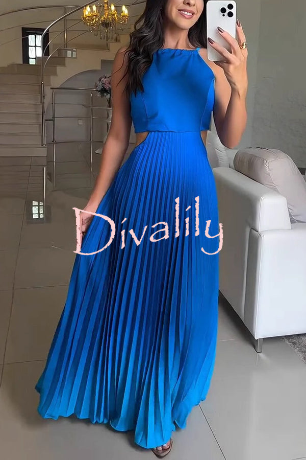 Fashionable Backless Tie Elegant Gradient Pleated Maxi Dress