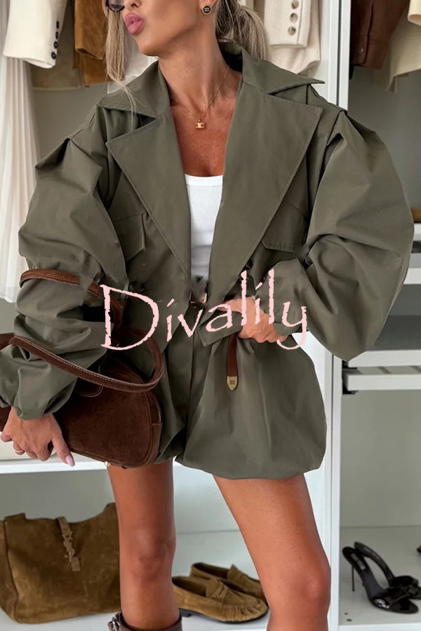 Fashion Style Button Long Balloon Sleeve Pocket Lapel Casual Bomber Jacket
