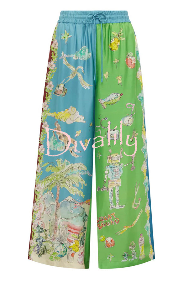 Unique Printed Lapel Short-sleeved Loose Shirt and Elastic Waist Tie Wide-leg Pants Set