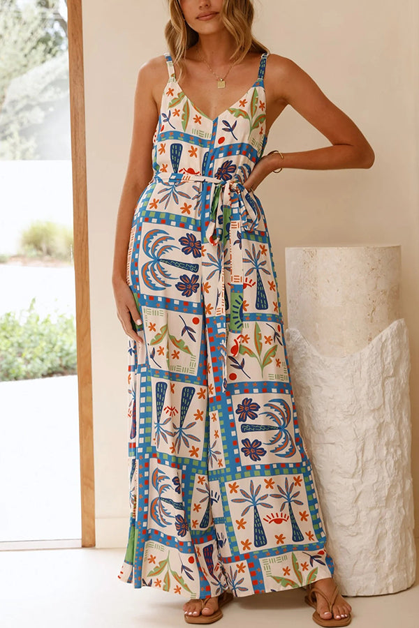 Unique Beach Vacation Print V-neck Suspenders Casual Wide-leg Jumpsuit