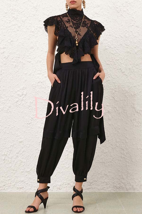 Esella Satin Gathered Waist Pocket Button Ankle Cuffs Harem Pant