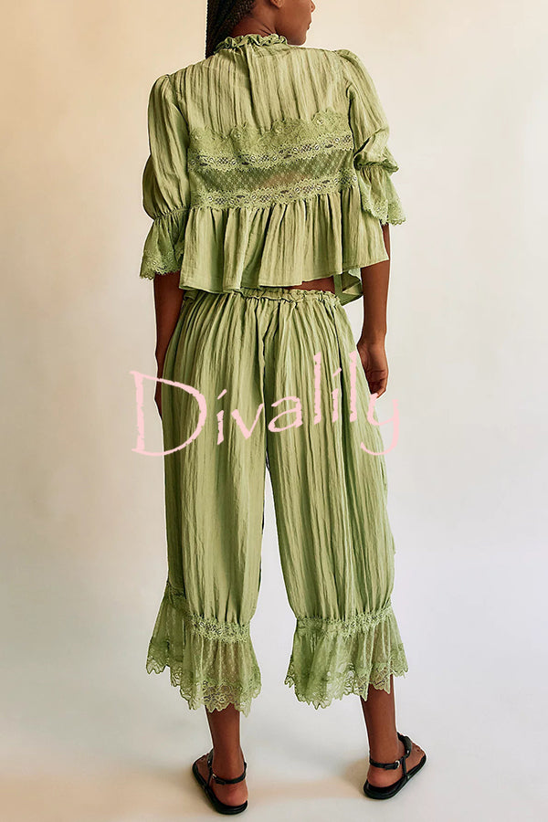 Pastoral Style Elastic Waist Lace Hem Bloomer Pants