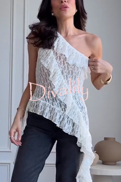 Solid Color Lace One Shoulder Ruffled Slim Fit Top