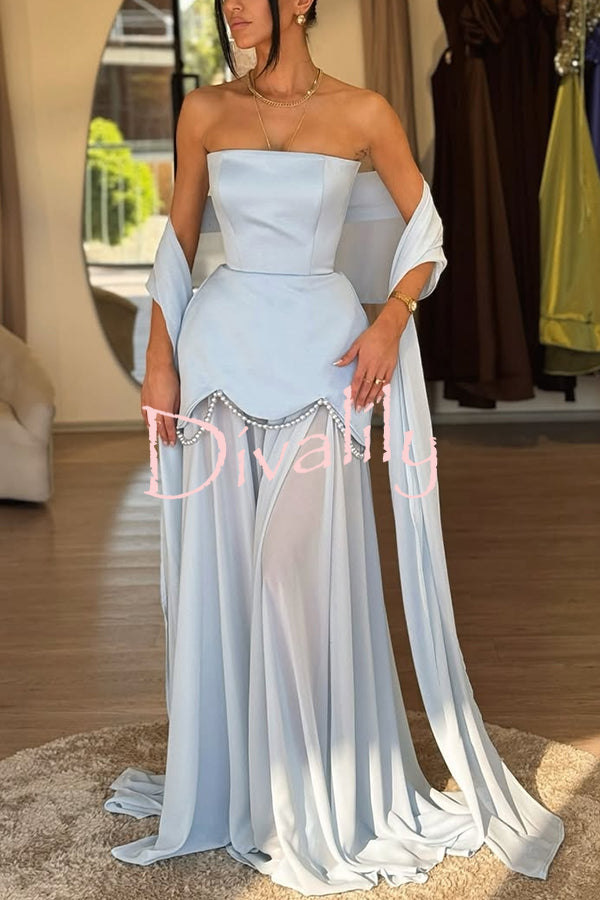 Jiya Satin Petal Hem Pearl Detail Chiffon Cape Strapless Maxi Dress