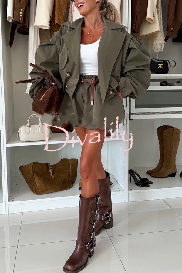 Fashion Style Button Long Balloon Sleeve Pocket Lapel Casual Bomber Jacket