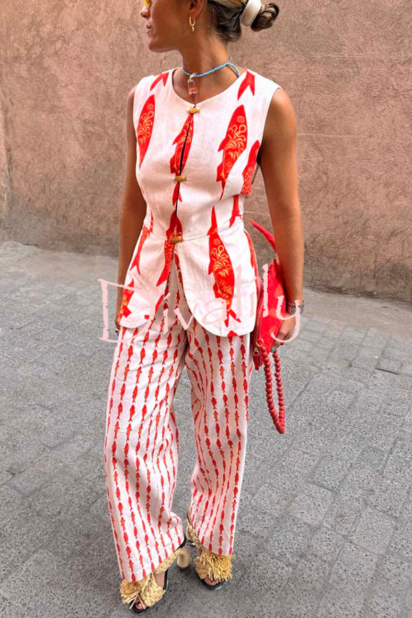 Good Luck Linen Blend Koi Pattern High Rise Elastic Waist Loose Pants