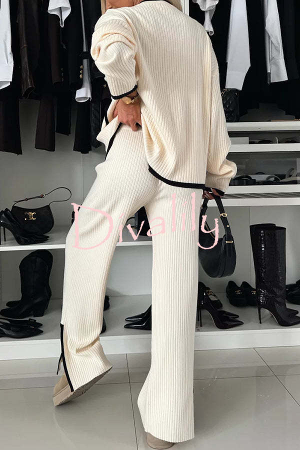 Warm Embrace Knit Ribbed Colorblock Trim Pocket Top and Stretch Slit Pants Set