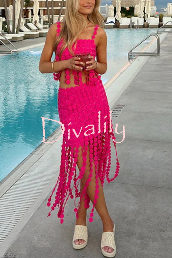 Caitlin See Through Circle Embroidery Square Neck Tassle Hem Slip Tank