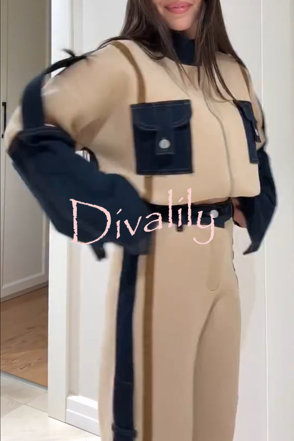Chill Whispers Denim Patchwork Sweatshirt Fabric Zipper Long Sleeve Pocket Loose Jacket
