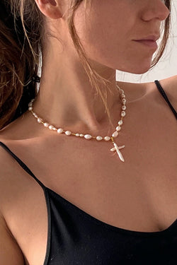 Stylish Pearl Cross Necklace