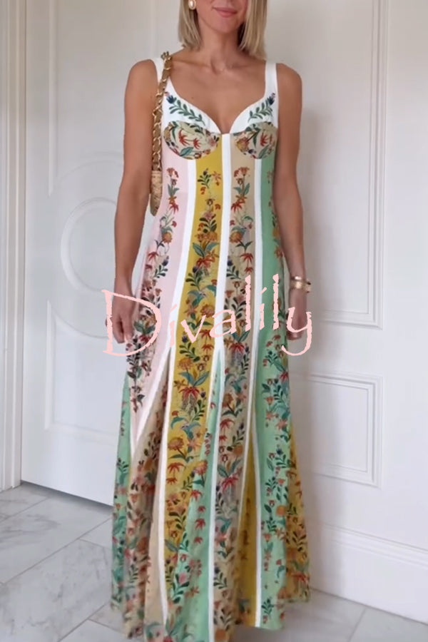Sweet Garden Linen Blend Color Block Floral Paneled Maxi Dress