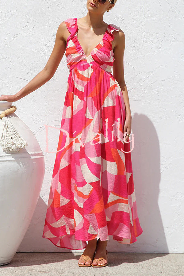 Unique Printed V-neck Ruffled Straps Pleated Back Maxi Dress