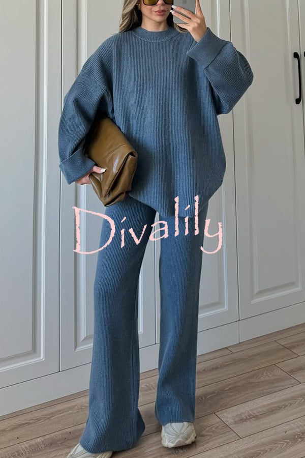 Solid Color Loose Long-sleeved Knit Top and Elastic Waist Casual Straight Leg Pants Set