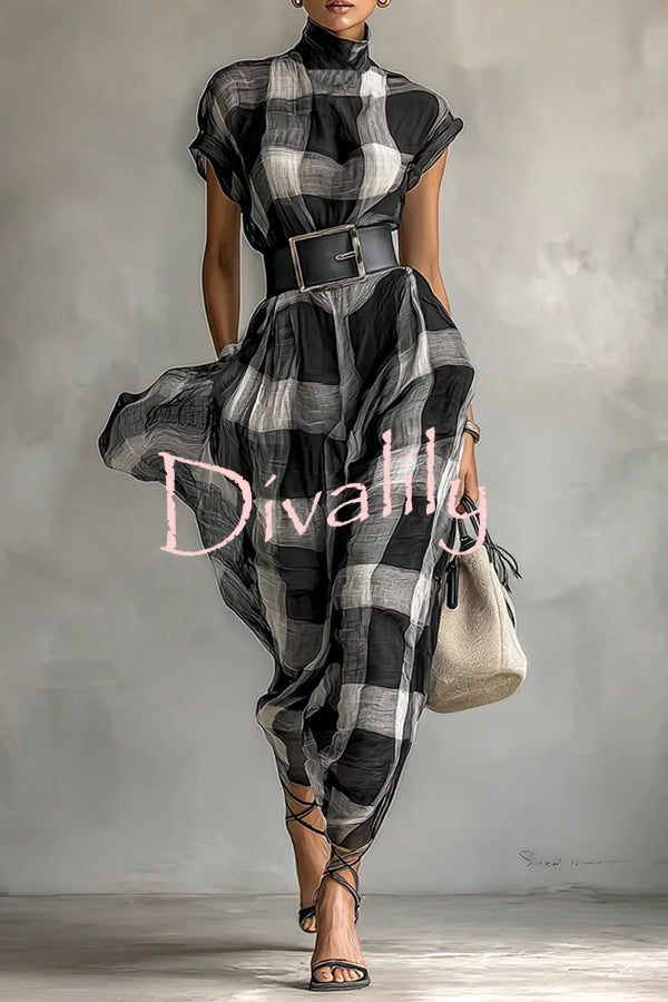 Fashionable Plaid Print High Neck Short Sleeve Elegant Maxi Dress