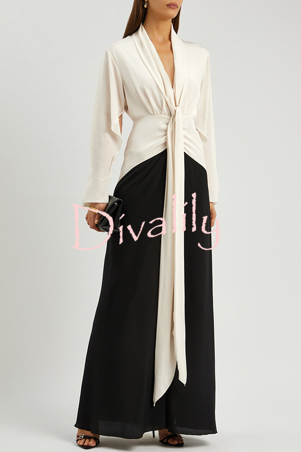 Fashion Contrast Color V-neck Tie High Waist Drape Maxi Dress