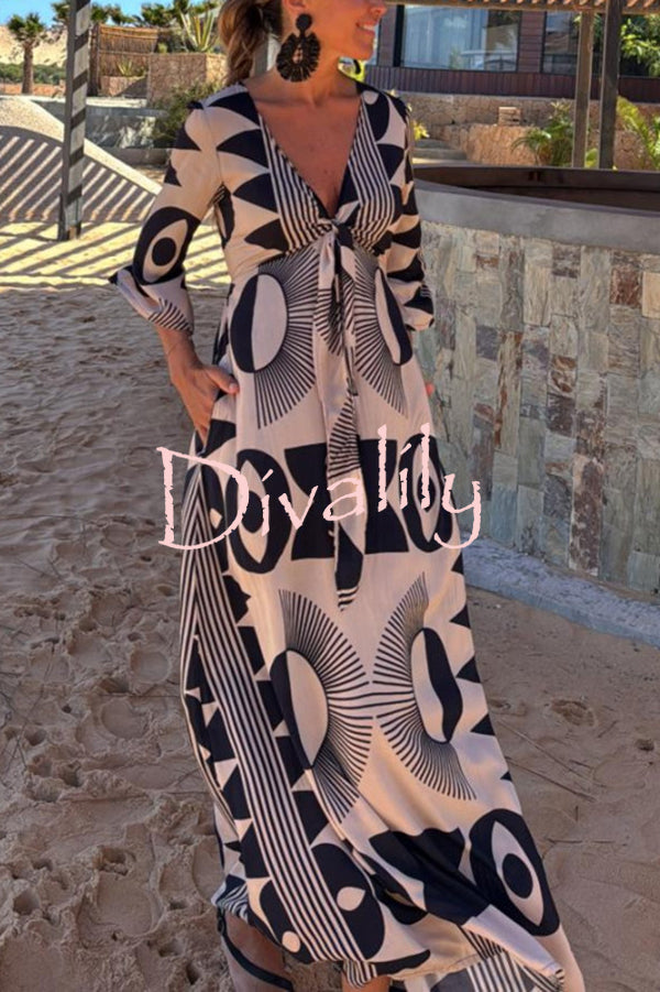 Unique Print V-Neck Tie Loose Pocket Casual Maxi Dress