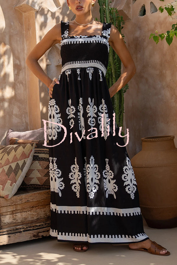 National Boho Style Unique Print Smocked Bust Wide Strap Pocket Maxi Dress