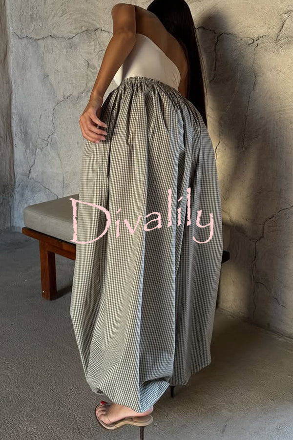 Fashion Plaid Print Elastic Waist Pocket Loose Wide-leg Pants