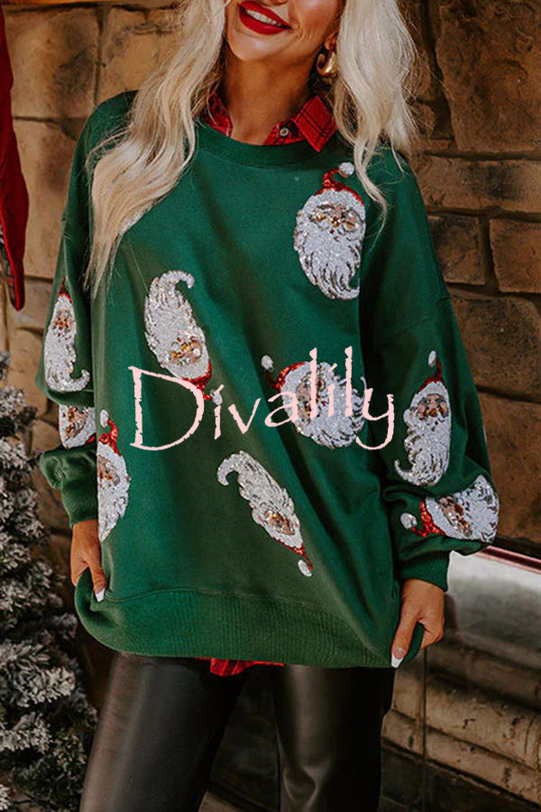 Santa Honey Sequin Christmas Pattern Loose Sweatshirt