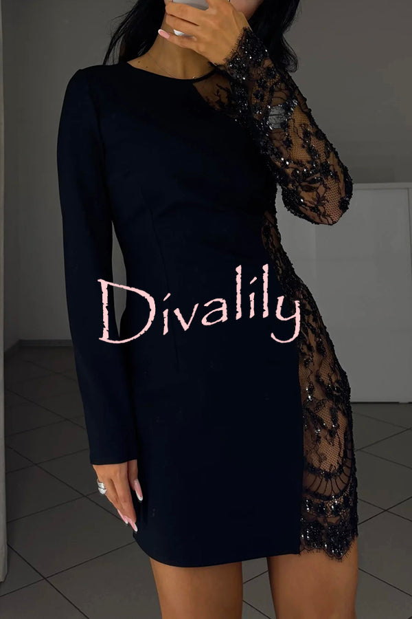 Cocktails First Floral Sequin Bead Patchwork Long Sleeve Mini Dress