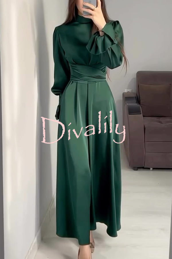 Solid Color Ruffled Sleeves Waisted Tie Slim Fit Maxi Dress