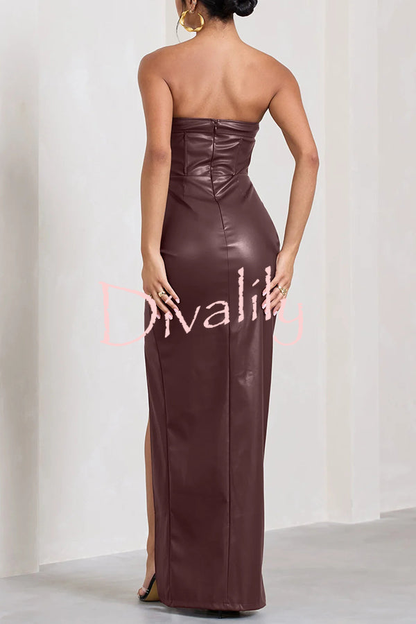 Sexy Meaning Faux Leather Strapless Bandeau Split Maxi Dress