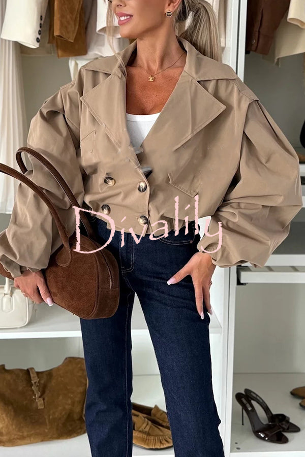 Fashion Style Button Long Balloon Sleeve Pocket Lapel Casual Bomber Jacket