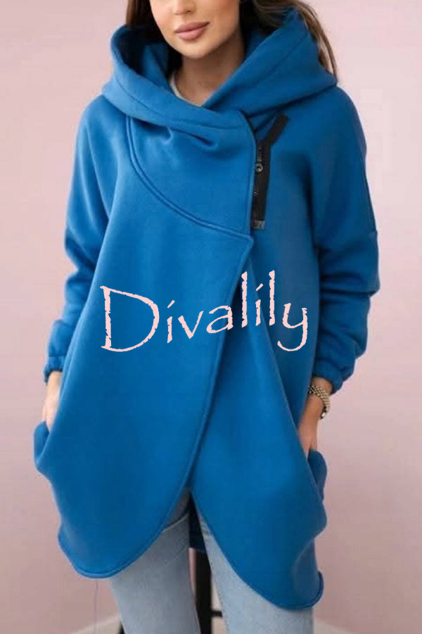 Solid Color Loose Hooded Zip-up Casual Sports Jacket