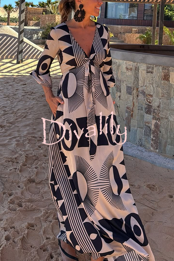 Unique Print V-Neck Tie Loose Pocket Casual Maxi Dress