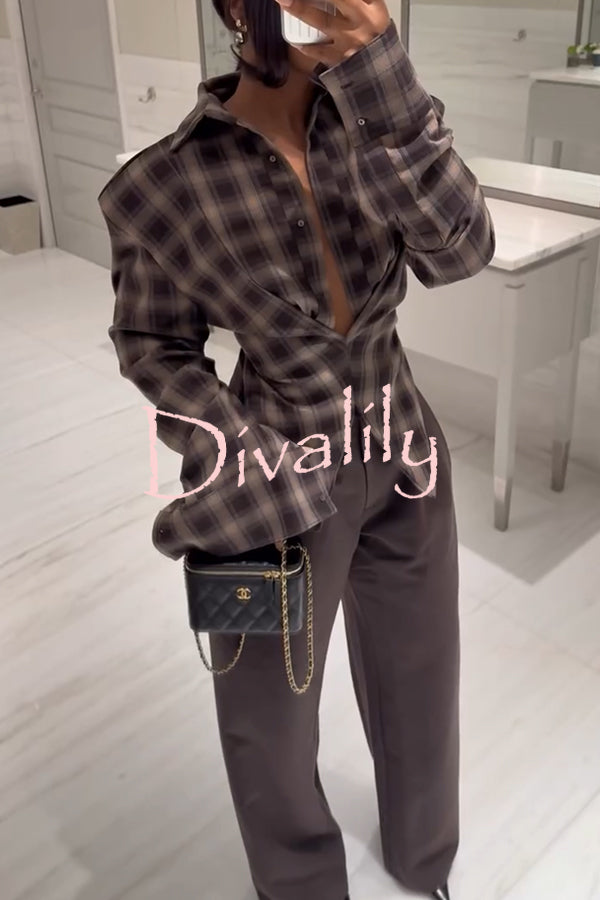 Vintage Plaid Shoulder Pad Buttons Long Sleeve Angled Hem Shirt